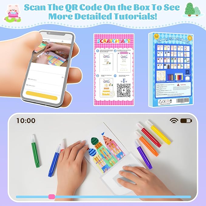 GAKICO Rainbow Scratch Art for Kids: Creative Squeegee Painting Kits, Rainbow Scratch Paper Art Set, Squeeze Magic Reveal Craft Kits, DIY Postcards Party Favors Novelty Gifts for Girls Boys