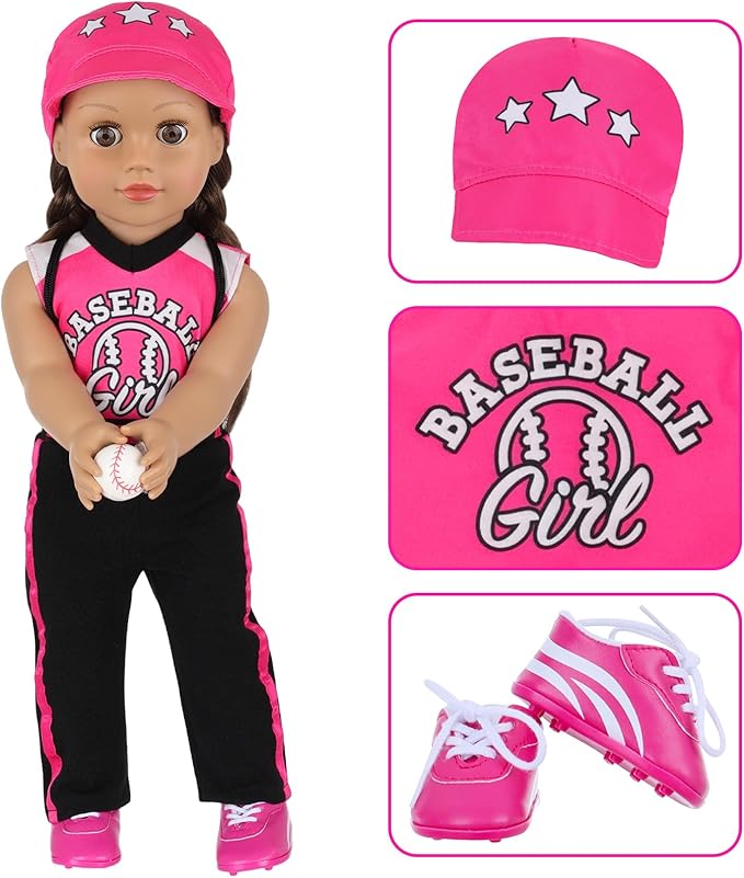 K.T. Fancy Baseball Uniform Doll Outfit-American 18 Inch Doll Clothes and Accessories Set Including Hat, Pink Baseball Jacket, Baseball, Water Bottle, Socks and Trainers, Gifts Set for Girls&Boys