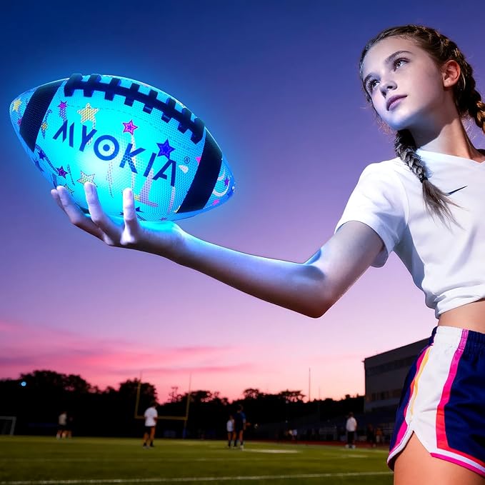 RGB Rechargeable Waterproof Light Up Football Birthday Gift for Kids & Teens 3-15+, Glow in The Dark Ball with Pump & USB Cable, Tri-Color (Red, Green, Blue), Size 6, Outdoor Night Games