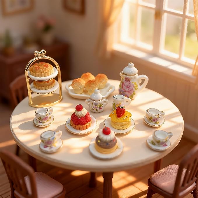 1:12 Miniature Dollhouse Porcelain Tea Cup Set 42 pcs, Kitchen Accessories Including Teapot Cup Plates, Knifes and Forks, Cakes and Desserts and a Cake Stand