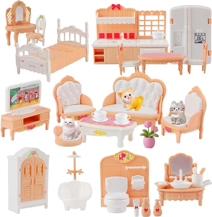 46Pcs Dollhouse Furniture Accessories Set Mini House Furniture Small Dollhouse Miniature Furniture Pretend Play House 1:12 Kitchen Bedroom Livingroom Bathroom Tiny Toy Boy Girl Kid Toddler (B Set)