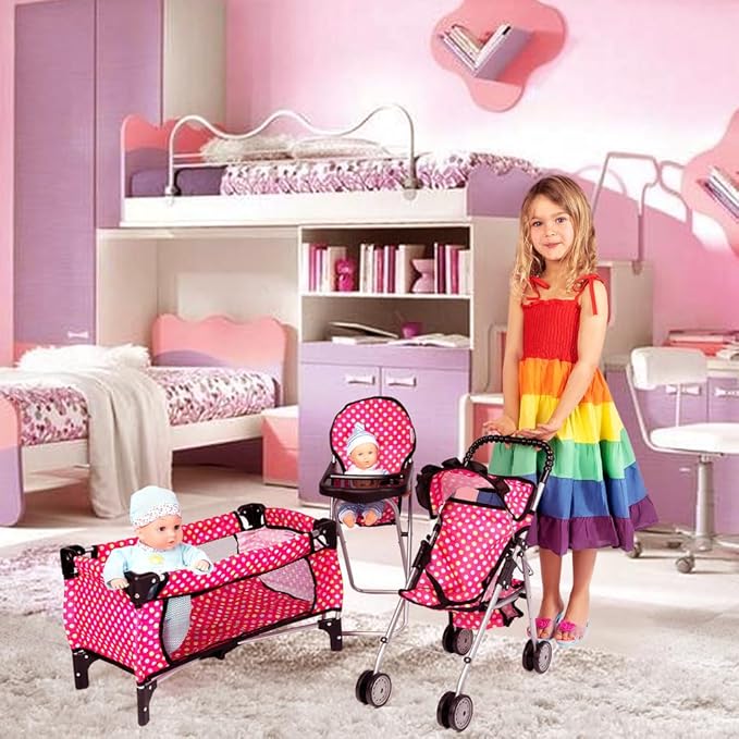 fash n kolor 4 Piece Doll Play Set, Includes - 1 Pack N Play. 2 Doll Stroller 3.Doll High Chair. 4.Infant Seat, Fits Up to 18'' Doll (4 Piece Set)