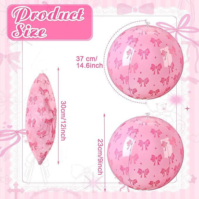 24 Pcs 9 Inch Pink Bow Inflatable Beach Balls Coquette Cute Pool Floats PVC Balls for Summer Hawaiian Tropical Theme Beach Pool Bachelorette Party Supplies (Pink)