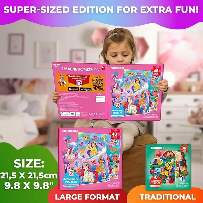 QUOKKA Magnetic Puzzles for Toddlers 3-5 – 2x48 Pieces Travel Games for Kids Ages 2-4 – Unicorn & Mermaid Learning Magnetic Puzzles for Kids Ages 4-8 – Educational Puzzle Gift Toy for Boys and Girls