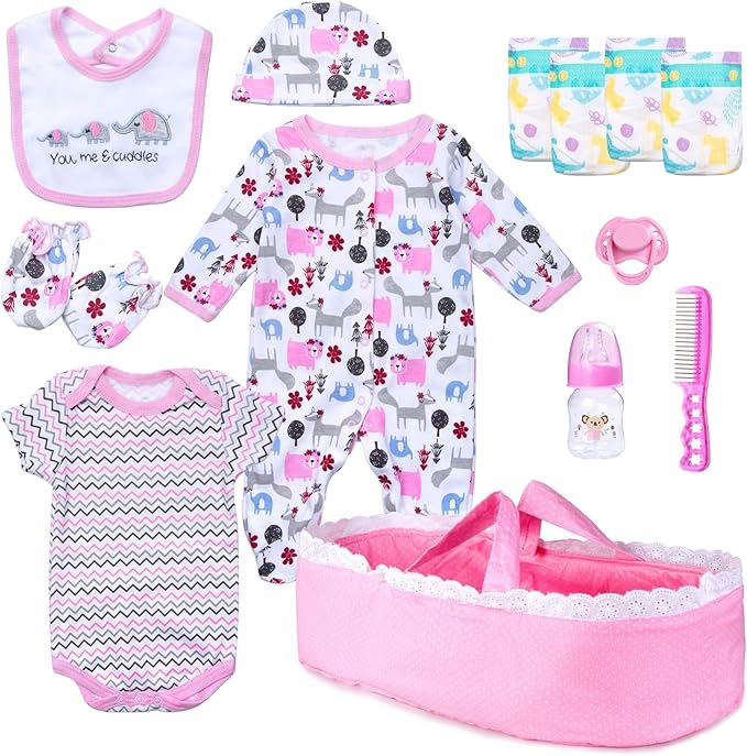 13PCS Reborn Baby Doll Clothes 17-22 Inch Pink Elephant Reborn Newborn Baby Doll Carrier Bassinet Accessories Girl Sets