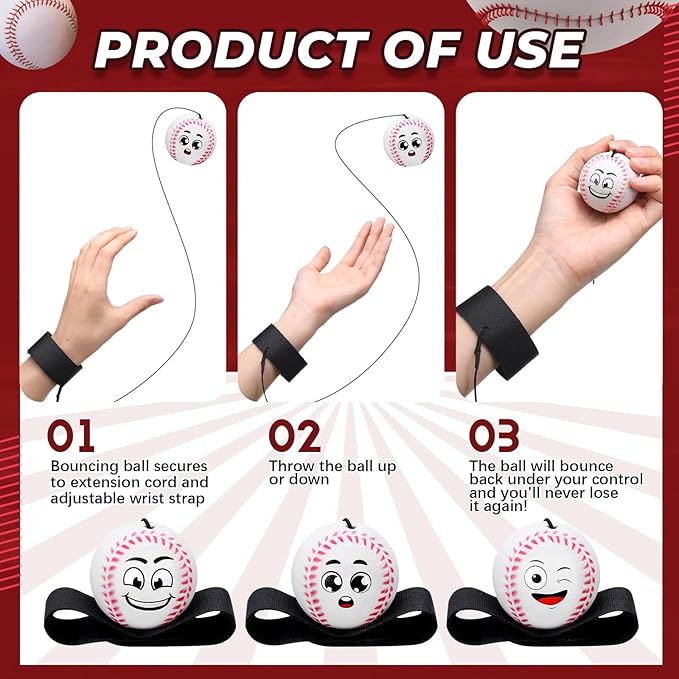 18 Pcs Wrist Return Balls on a String Face Return Sport Balls with Elastic Strap Wrist Exercise for Adults for Fun Outdoor Activity Sports Team Gifts (Baseball)