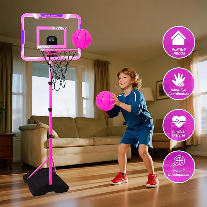 Nattork Kids Basketball Hoop, Adjustable Height Toddler Basketball Hoop Stand, Indoor Outdoor Basketball Goal Toy for Boys Girls Ages 3~8 Years Old, Includes 3 Balls, Ideal for Birthday Gift