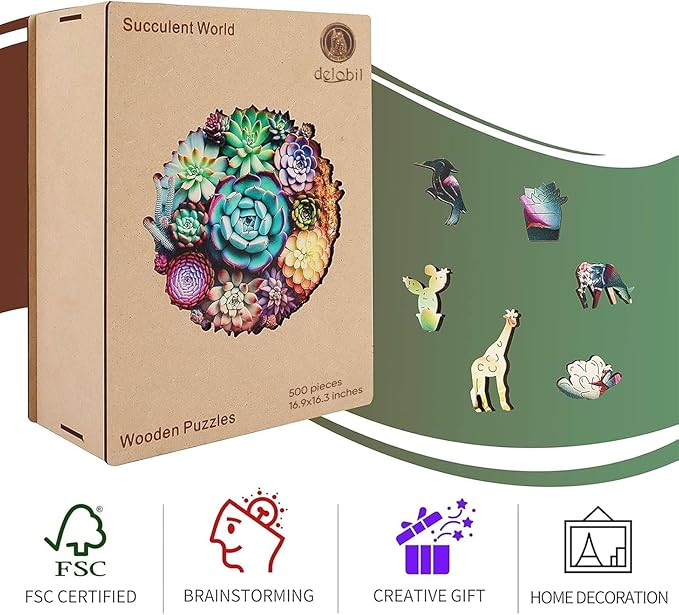 Delobil Mandala Succulent Wooden Puzzles, 500 Pieces Jigsaw Puzzles 16.9'' x16.3'', Unique Design Wooden Puzzles for Adults and Kids, Family Game Gift