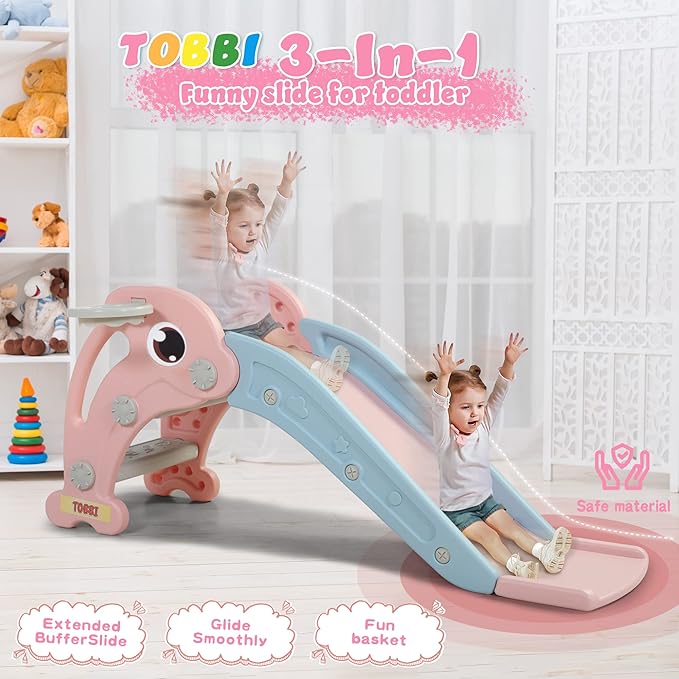 TOBBI Kids Slide for Indoor and Outdoor, Freestanding Slide for Toddler Playground Slipping Slide Climber Toy Playset with Basketball Hoop & Ball, Pink