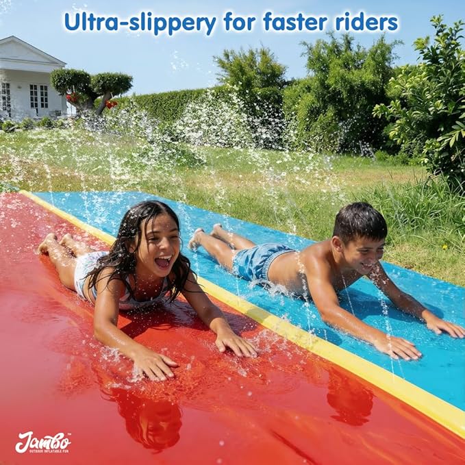 JAMBO Premium 24Ft Budget Slip Splash and Slide, Heavy Duty Water Slide with Advanced Sprinkler System, Backyard Waterslide, Splash Mat, Outdoor Water Toys n Slides for Kids