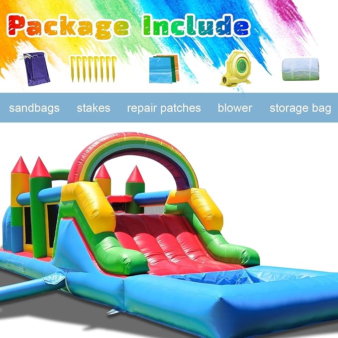 25FT Commercial Grade Bounce House for Adult, (Heavy Duty PVC)(1100W UL Blower) Inflatable Obstacle Course, with Water Slide, Splash Water Pool Ball Pit, Large Backyard Lawn Party Game