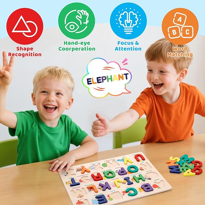 Alphabet Puzzle Wooden Puzzles for Toddlers, ABC Shape Learning Toddler Toys with Board & Letter Blocks, Preschool Educational Toys for Girls Boys, Pattern Alphabet