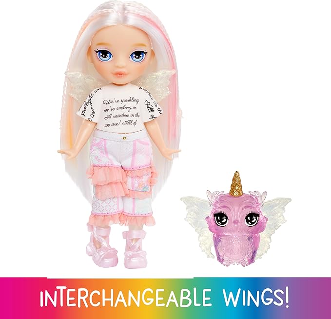 Rainbow High Littles Rainbow Fantasy Fairies + Pet – Opal, Rainbow 5.5" Posable Small Doll & Fantasy Owl Pet with Interchangeable Fairy Wings, Kids Gift 4+