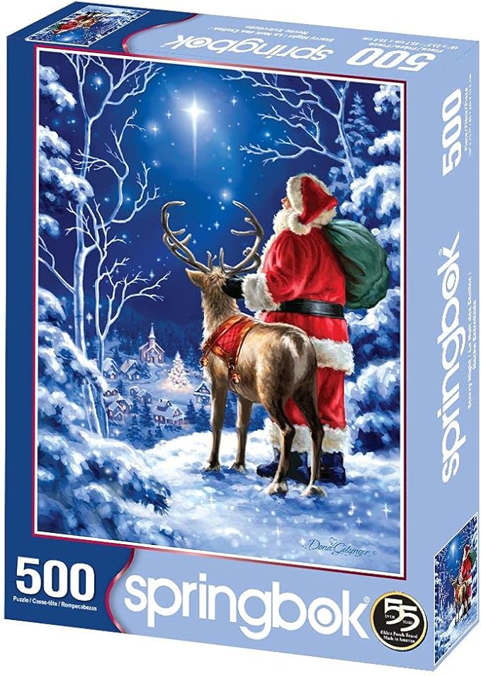Springbok Starry Night 500 piece Jigsaw Puzzle for Adults features Santa Clause and his reindeer gazing upon the north star on a perfect snowcovered evening