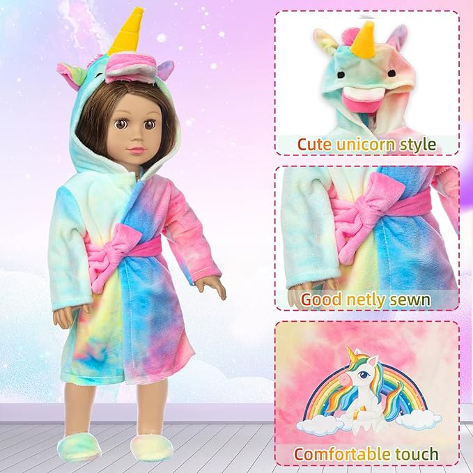 XFEYUE American 18 inch Doll Clothes and Sleeping Bag Set - Rainbow Unicorn Doll Costume with Unicorn Style Sleeping Bag, Pillow, Eye Mask Slumber Party Accessories Fits 18 Inch (NO Dolls)