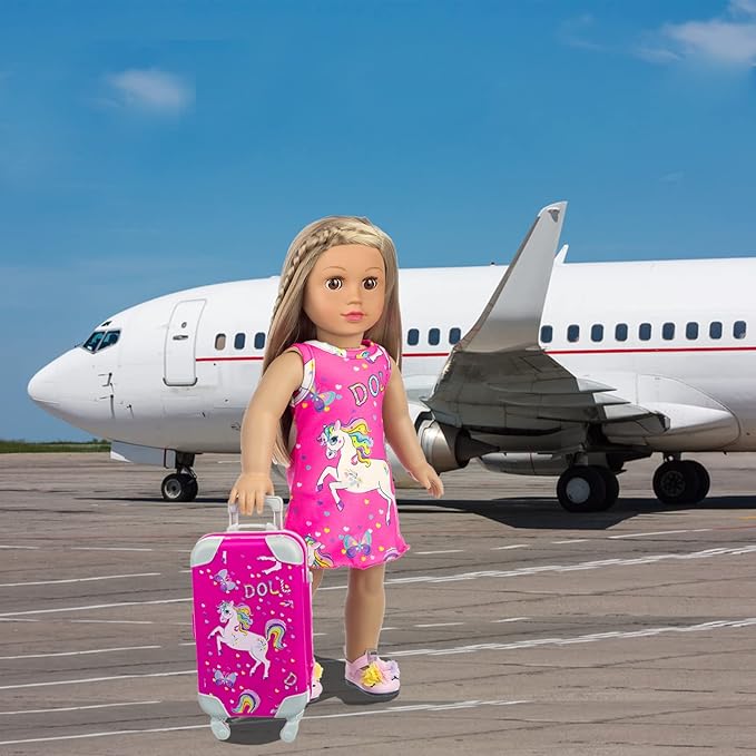 ZQDOLL American 18 Inch Doll Clothes and Accessories Travel Luggage Play Set Including 18 Inch Doll Clothes Travel Suitcase Travel Pillow and Eye Mask(Dolls & Shoes Not Included)