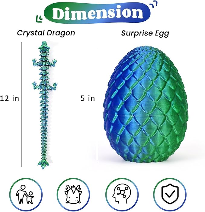 12 in 3D Printed Dragon Egg - Easter Basket Essentials Stuffers, Prefilled Easter Egg Filled with Toy for Kid Boys, Crystal Articulated Dragon Fidget Toys (Laser Green)