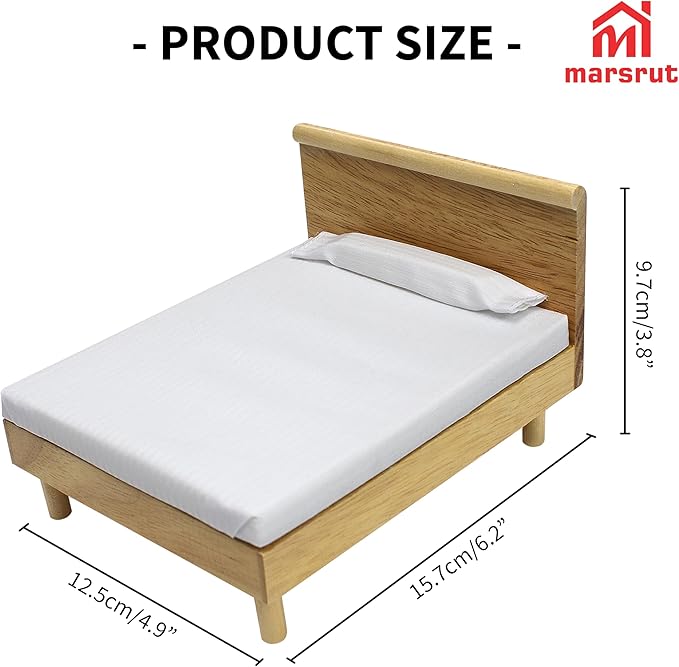 Doll House Bed Miniature 1:12 Dollhouse Bedroom Furniture for 6 Inch Dolls Wooden Single Beds with Bedding Fabric, 1/12 Scale Vintage Victorian Mini Accessory DIY Scene Decoration Home Props Modern