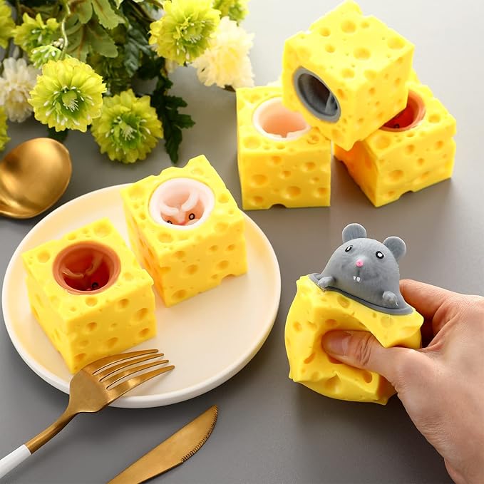 Chivao 6 Pack Cheese Toy Stress Rat Toy Mice in Cheese Sensory Anxiety Relief Office Ball Fidget for Birthday Stress Relief Gifts Party Favors, Grey Brown White