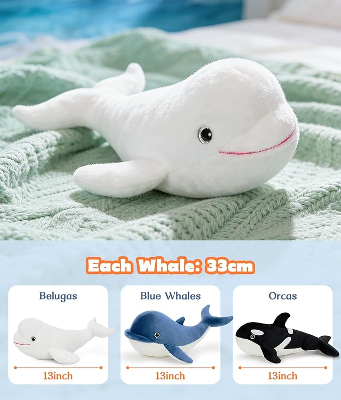 Tezituor Whale Stuffed Animal,3PCS Whales Plush Toys Set,Orca Whale,Beluga Whale,Blue Whale,Gifts for Kids Boys Girls Christmas Birthday