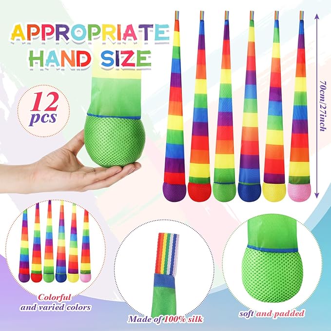 Leyndo 12 Pcs 26 Inch Throw and Catch Balls with Rainbow Tail, Soft Sports Play Comet Balls Playground Toys Bulk for Kids Adults Games and Activities Fun Throwing School (Vivid)