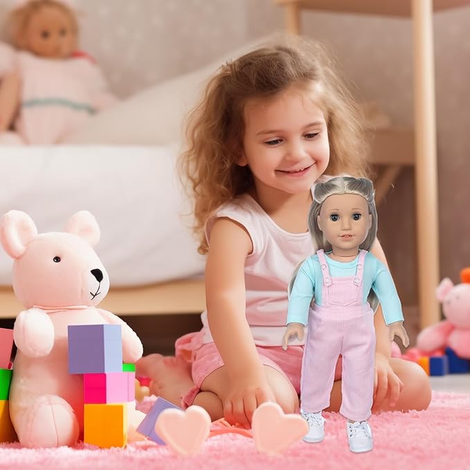 18 Inch Doll Clothes and Accessories, 4 Pcs 18 inch Girl American Doll Clothes Set Include Long Sleeves Pink Overalls Socks and Mermaid Backpack Birthday for Girls (No Doll)