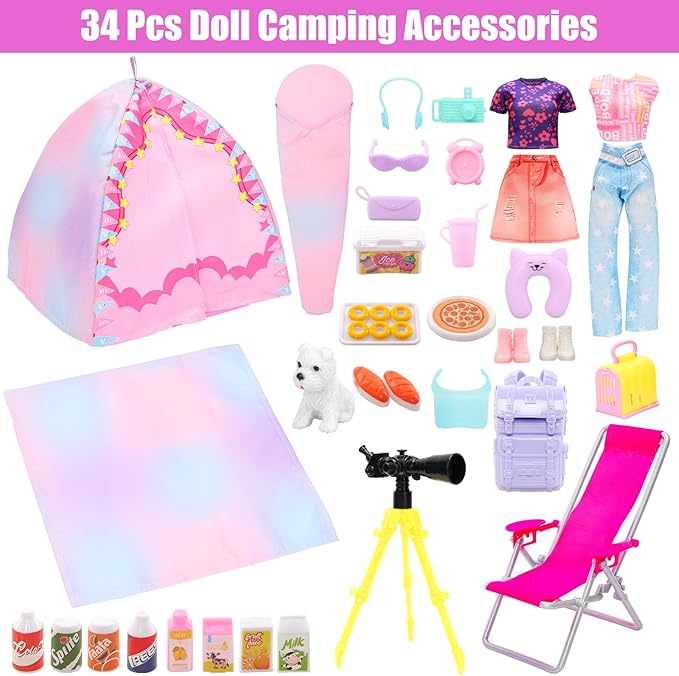 34 Pcs Doll Travel Camping Tent Playset for 11.5 Inch Girl Dolls Includes Clothes, Tent, Telescope, Backpack, Sleeping Bag & Other Camping Accessories for Dolls Travel Camping Toy Set（NO Doll）