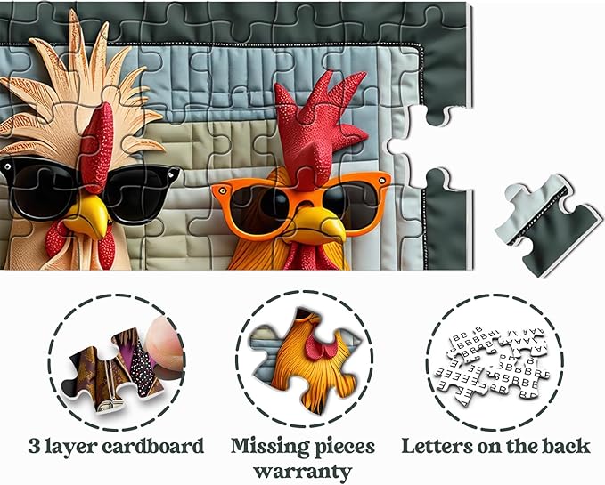 Funny Chicken Family Puzzle 1000 Pieces, Vintage Stylish Roosters Jigsaw Puzzles, Colorful Animal Chickens Puzzle