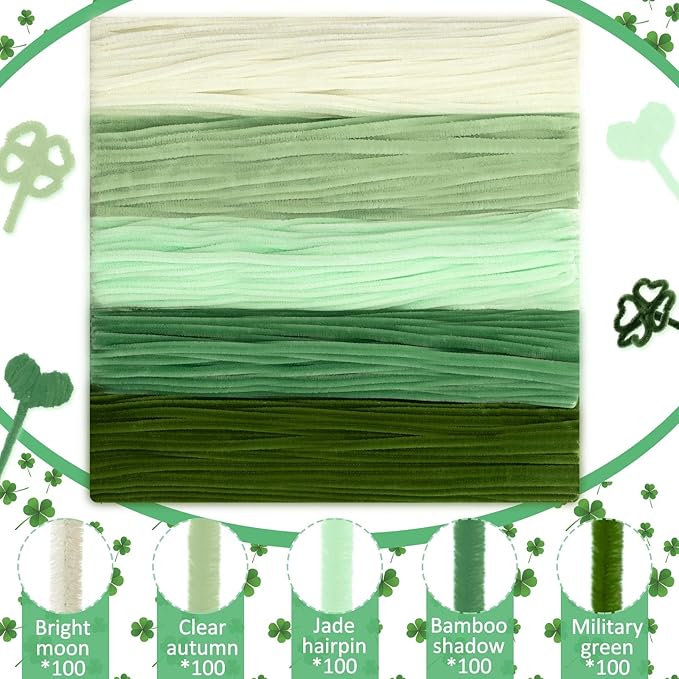 Peryiter 500 Pieces Pipe Cleaners Chenille Stems for Flowers Craft Supplies Bulk Fluffy Fuzzy Sticks for DIY Art Projects Creative Gift Wrapping Party Decorations(Boho Green,12 Inch)
