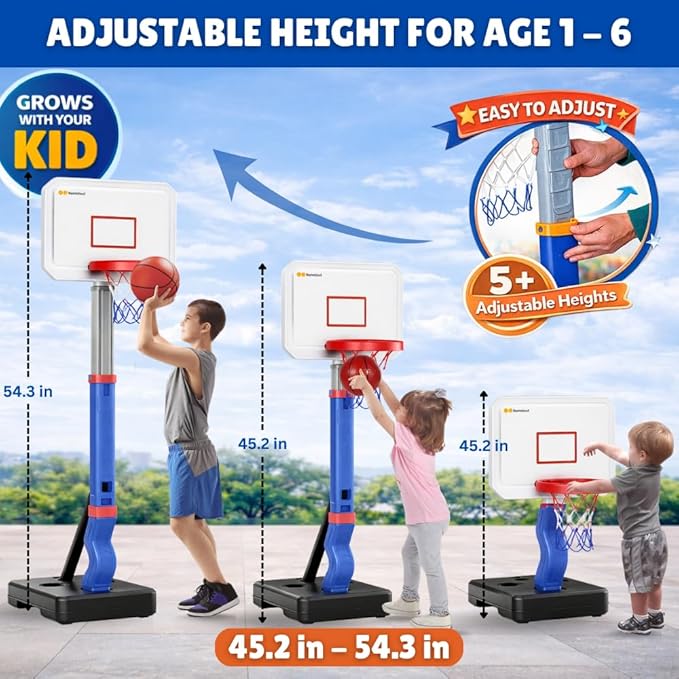 2-in-1 Toddler Basketball Hoop with Ring Toss Game, Adjustable 2.5–5.5 Ft Indoor & Outdoor Kids Basketball Set with Mini Balls, Rings, Pump & Stable Base | Sports Toy for Boys & Girls Ages 1–3+
