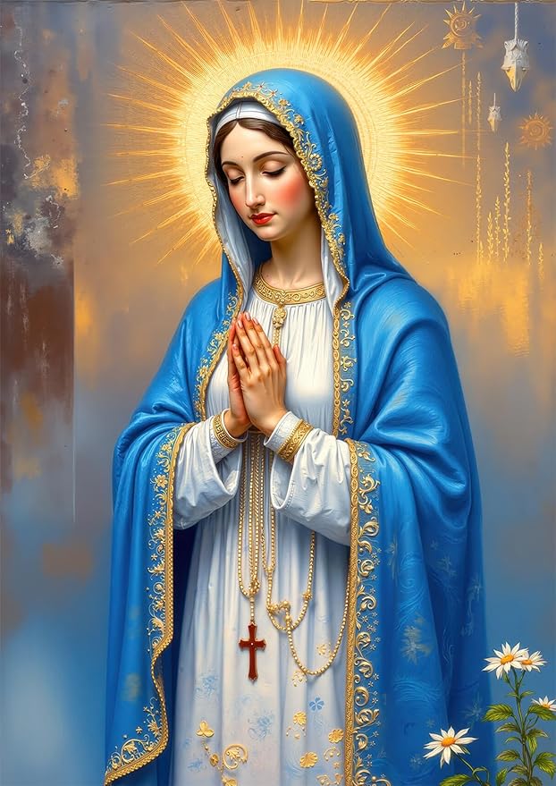 Blessed Virgin Mary 1000 Piece Jigsaw Puzzle for Adults - Inspirational Religious Scene with Halo & Rosary, Poster & Lettered Back, 20"x28" Vertical HD Quality, Unique Gift for Believers
