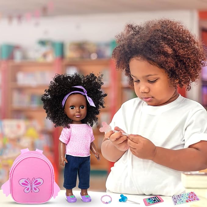 Ecore Fun 14.5 Inch Black Doll 14.5 Inch Baby Girl Doll and Clothes and Accessories Set African Washable Realistic Silicone Girl Dolls - Best Gift for Girls