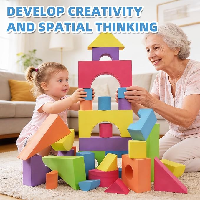 Large Building Foam Blocks for Toddlers, EVA Stacking Foam Building Blocks Toy Set, Non-Toxic, Washable, Early Learning Construction Toys & Gifts for Kids Boys & Girls (Blue, Pieces, 60)