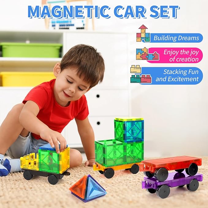 Magnetic Tiles Cars Construction Set - 4 PCS Magnetic Tiles Magnet Bricks Truck Sensory Toys, Educational Magnet Cars Set Building Blocks for 3 4 5 6 7 8+ Year Old Girls Boys