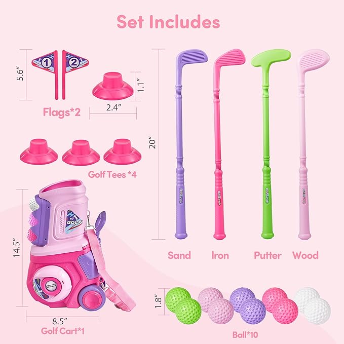 PJG Toddler Golf Set, Plastic Kids Golf Clubs Ages 1 2 3 4 5 Years Old with 4 Golf Clubs and 10 Balls, Indoor and Outdoor Golf Toys with Cart for Toddlers Boys and Girls Birthday Gift (Pink)