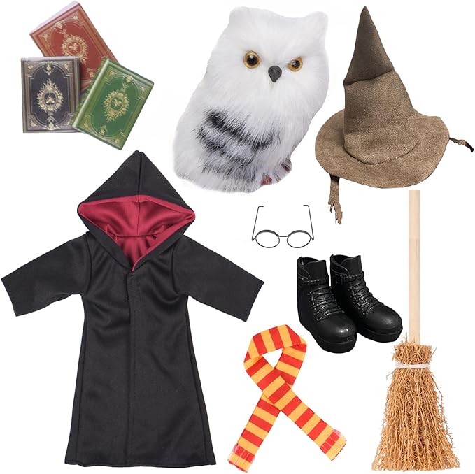 Wizard Christmas Elf Accessories for Elf Doll Clothes Christmas Costume Includes Robe, Broom, Scarf, Mini Glasses, Mini Book, Owl, Shoes and Hat(Wizard Setting pro)