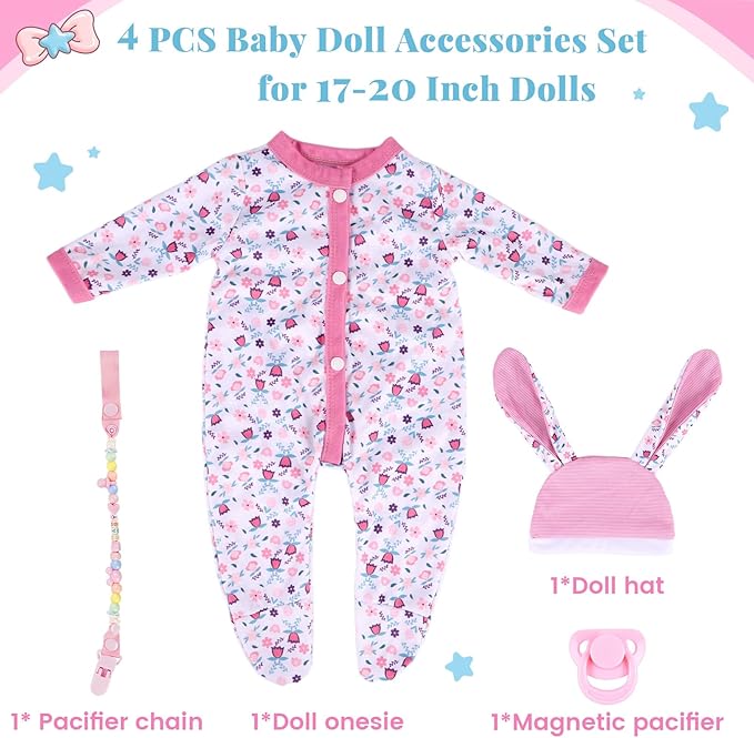 BABESIDE 4 Pcs Reborn Baby Doll Accessories and Clothes for 17-20 Inch Baby Dolls, Pink Floral Doll's Clothes Set with Hat, Pacifier and Chain for Dolls Girls Boys (Doll not Included)