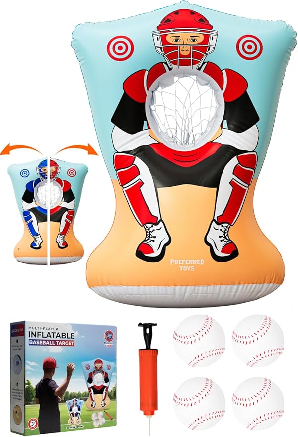 Inflatable Baseball Pitching Target for Kids 3 and Above - Double-Sided Throwing Toss Game with 4 Soft Balls - Indoor Outdoor Baseball Toys Training Equipment - Red/Blue