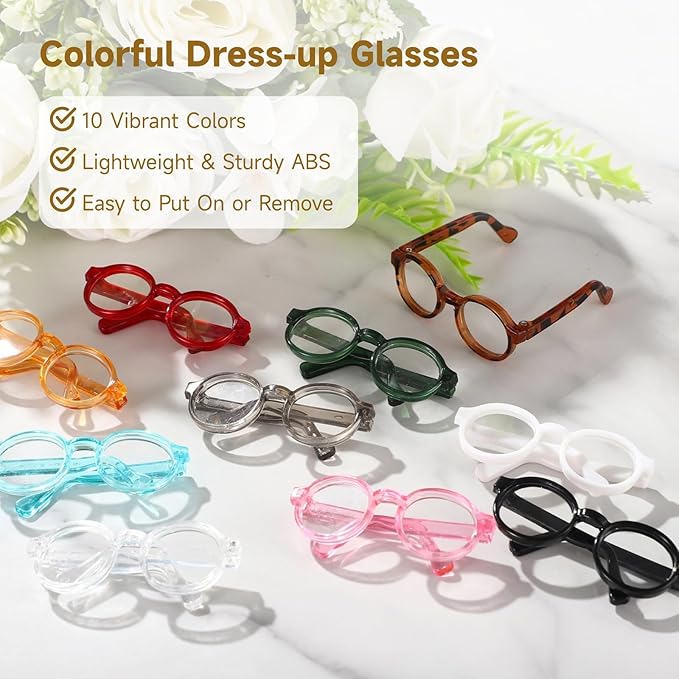 10 Pcs Doll Glasses, Mini Eyeglasses with Clear Lenses, Doll Dress Up Glasses, ABS Frame Eyewears, Colorful Fashion Accessories, Fashion Costume Supplies for 3.94-6.69" Dolls