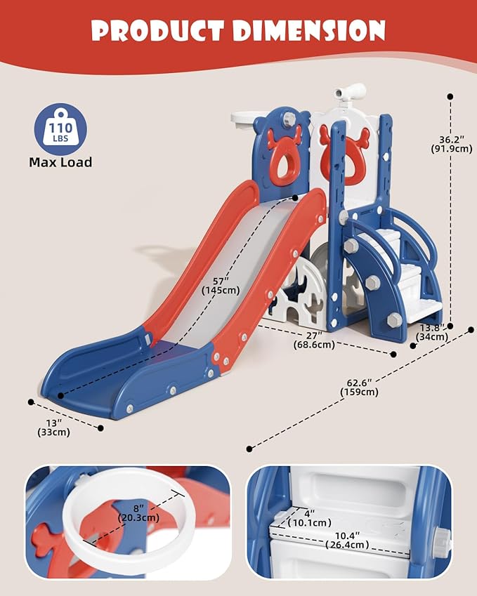 XJD 7 in 1 Toddler Slide, Kids Indoor Slide for Toddlers 12-36 Months, New Upgrade with Golf, Basketball Hoop for Indoor Outdoor Playset,Birthday Gifts for Toddler (Blue Red)