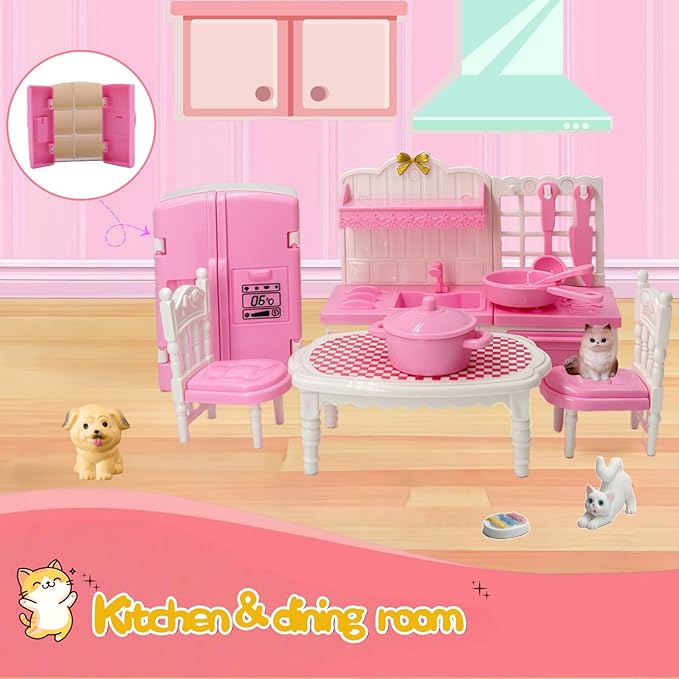 Dollhouse Furniture Set, Complete Room Collection with Kitchen, Dining, Living Room, Bedroom and Bathroom Accessories, Plastic (36-Piece Pink)