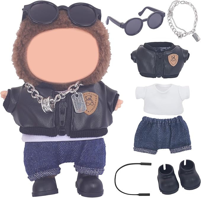 Used for Labubu Doll Outfit Clothes Designer Set,Compatible with Labubu Clothe Accessories for Doll (Black Leather Jacket Set)
