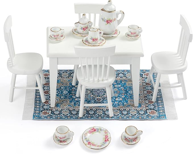 SAMCAMI Miniature Dollhouse Furniture 1 12 Scale - Doll House Furniture Toys for Dollhouse Kitchen - Wooden Dollhouse Furniture Set Incl Dining Table with Chairs, Tea Set, Carpet (White)