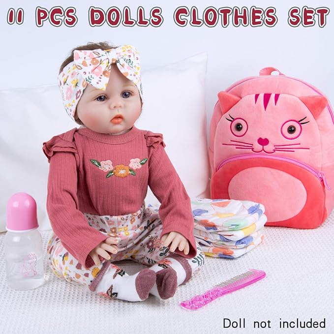 11Pcs Reborn Baby Doll Clothes 17-22 Inch Girl Floral Reborn Doll Clothes with Backpack Newborn Baby Outfits Diapers Bag & Feeding-Bottle, Pretend Play Doll Accessories Set