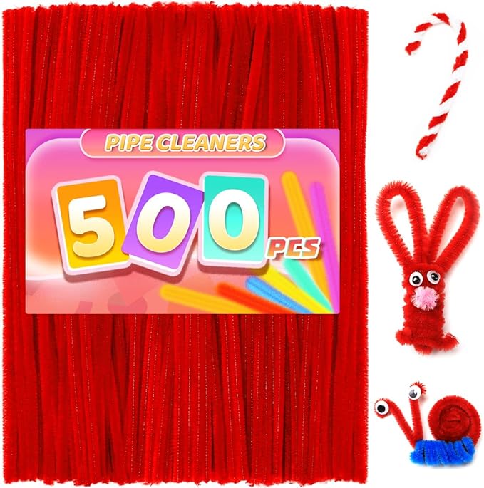 Praisebank Red Pipe Cleaners for Crafts, 500pcs, Chenille Stems for DIY Projecets, Arts & Crafts Supplies for Festival Party Decorations