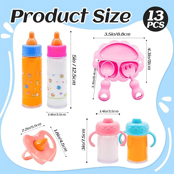 13 PCS Baby Doll Accessories Magic Bottle Set,Doll Feeding Set with Package,Pretend Play Feeding Toys for Kids,Girls,Party,Gift