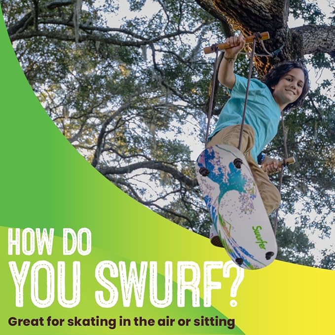 Swurfer TreeSkate Skateboard Swing, Outdoor Stand Up Surf Swing, Holds Up to 200 lbs, Ages 6 and Up, Adjustable Handles, Grip Tape, Kids Outdoor Play Equipment for Children and Adults (Waves) Blue