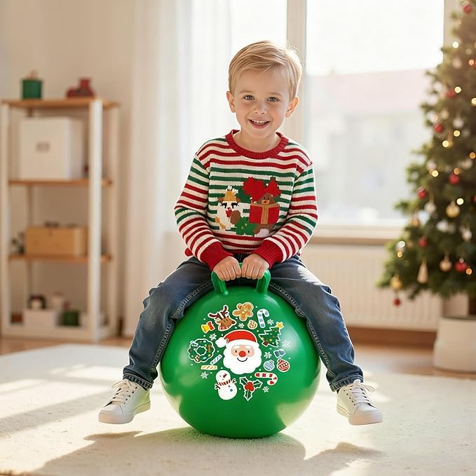 ZOOJOY Hopper Ball for Kids 3-8, 18 in Green Hippity Hop Balls, Bouncy Ball with Handle for Boys & Girls Indoor Outdoor Play, Inflatable Christmas Balls Bounce Hopping Toys with Pump