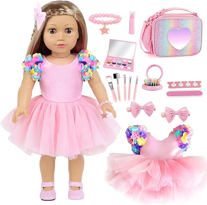 BDDOLL American 18 Inch Doll Clothes and Accessories Makeup Playset Including Fashion Skirt, Bag, Eye Shadow Plate, Lipstick, Comb Mirror, Pair of Hairpins, Makeup Brushes, Bracelet（NO Dolls）