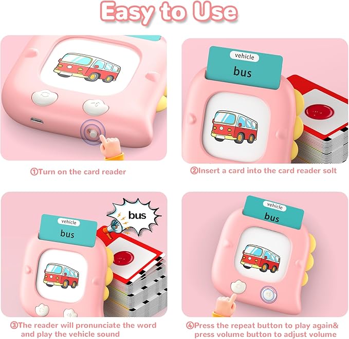Kidzdo 520 ABCs Sight Word Talking Flash Cards for Toddlers, Easter/Birthday Gifts for 2 3 4 5 6 Year Old Girls, Early Educational Toys, Pocket Speech Learning Toys for Autistic Kids Ages 2-6, Pink